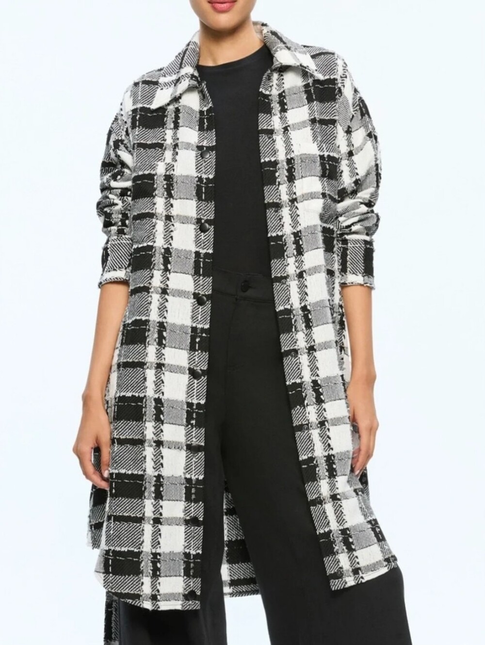 Alice + Olivia Black & White Plaid Long Shacket Jacket